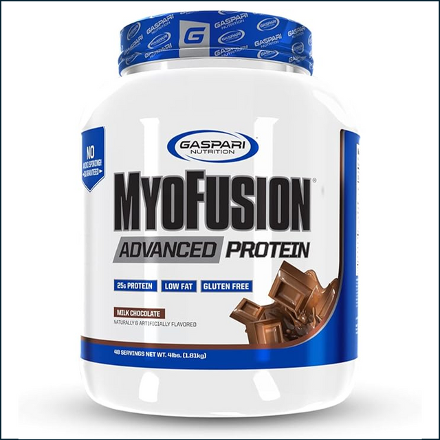 A container of Gaspari Nutrition MyoFusion Advanced Protein, 25g protein per serving, low fat, gluten-free, chocolate flavor, from the brand Gaspari Nutrition.