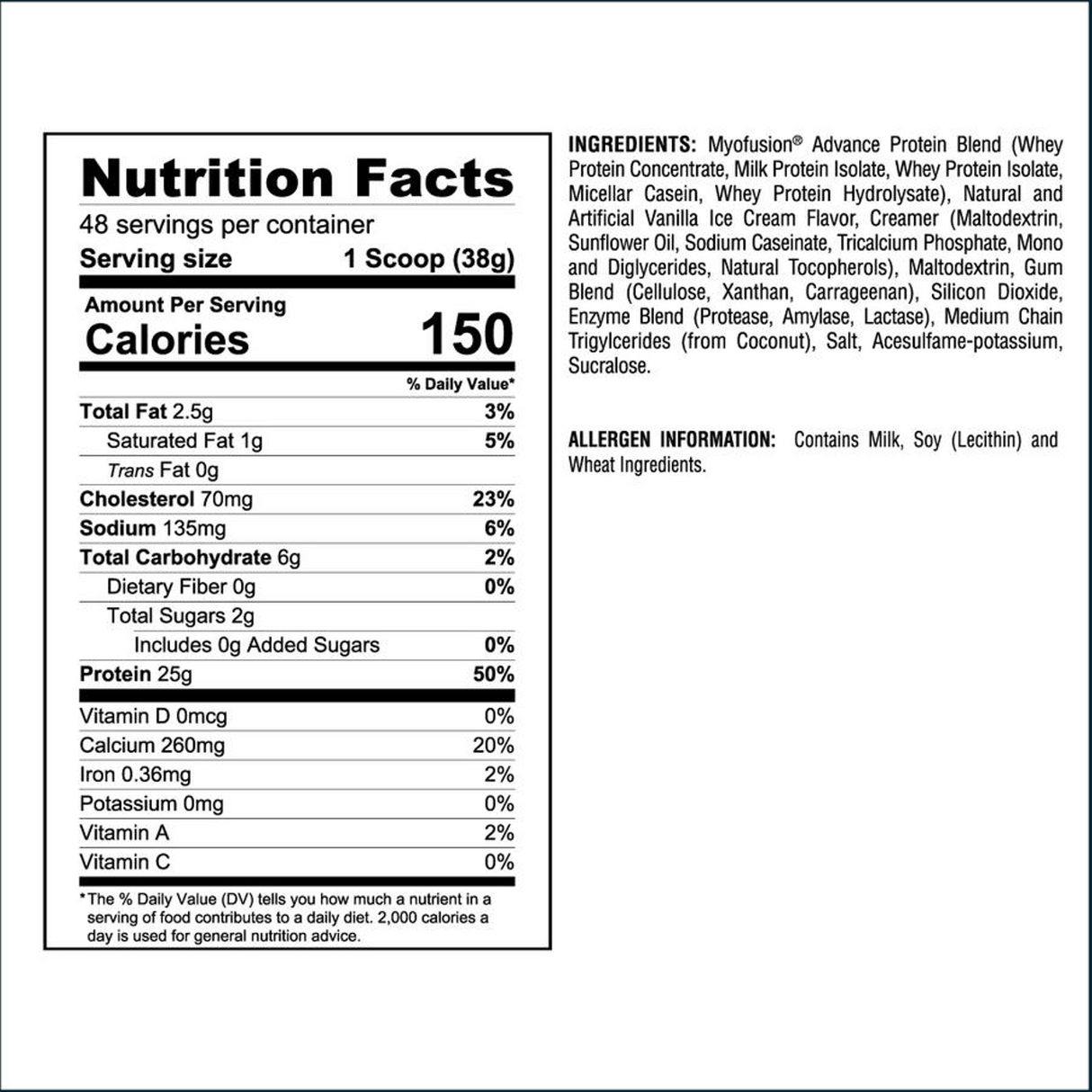 Nutrition facts label for a protein supplement with detailed ingredient list and allergen information.