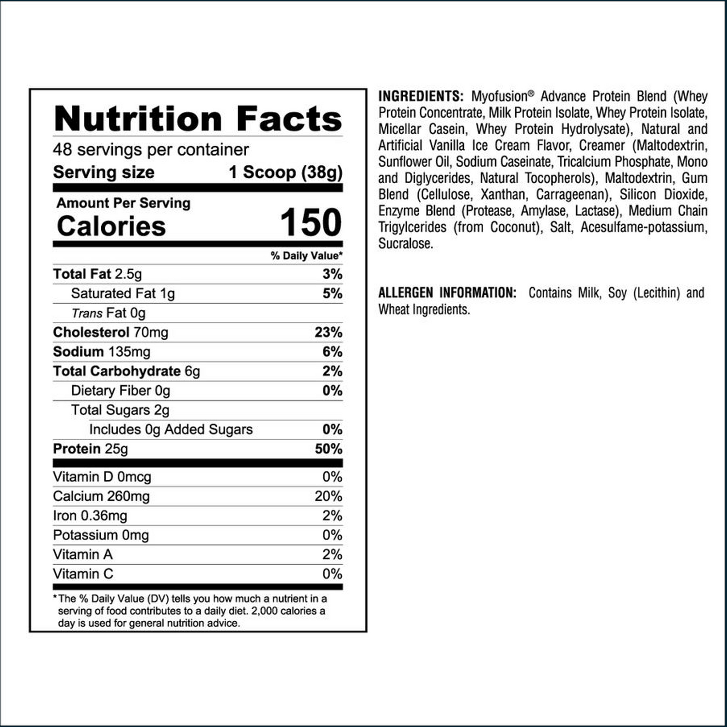 Nutrition facts label for a protein supplement with detailed ingredient list and allergen information.