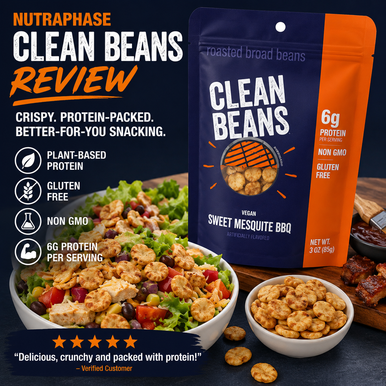 Plant-based, gluten-free protein snacks including Nutraphase Clean Beans