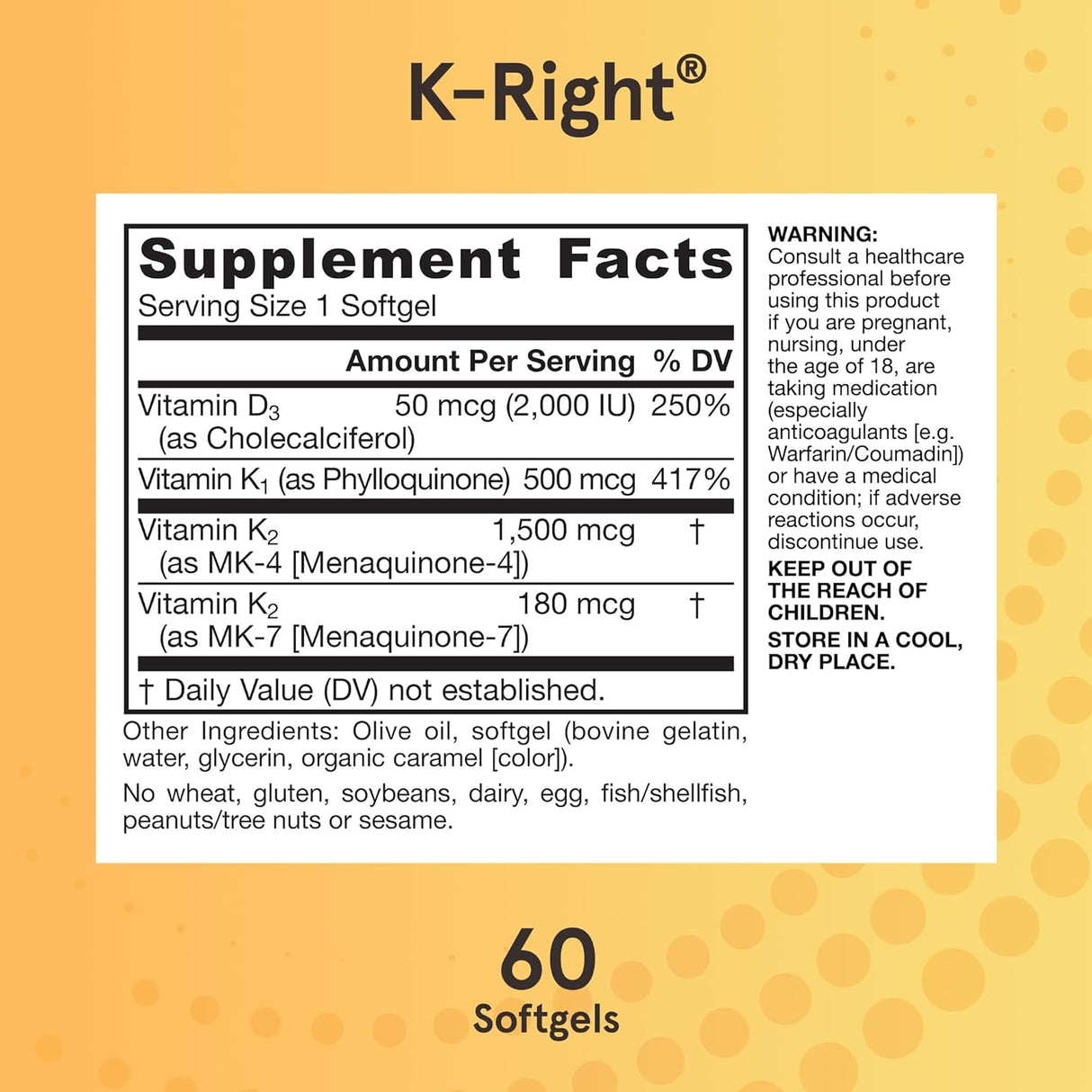 Jarrow Formulas K-Right - Vitamin K-Complex (K1, MK-4, MK-7, D3), 60 SoftGels