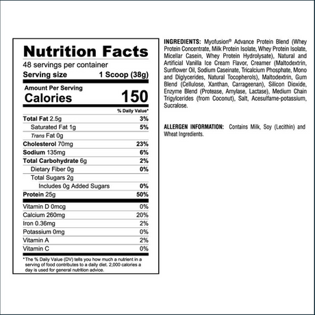 Nutrition facts label for a protein supplement with detailed ingredient list and allergen information.