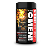 Supplement container labeled 'The Omen' with fiery design on a white background