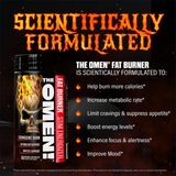 Omen fat burner supplement with promotional text on a dark background