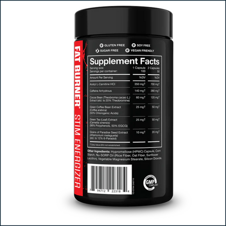 Supplement container with 'Fat Burner Stim Energizer' label on a white background