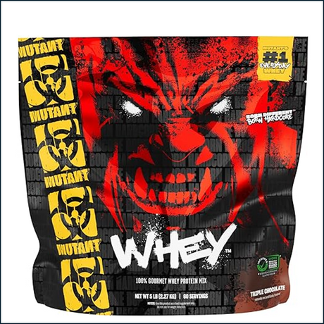 Mutant Whey protein package with a red and black design on a white background