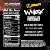Mutant Whey protein mix label with nutrition facts and product details on a black background.