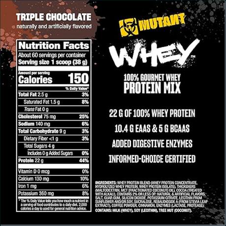 Mutant Whey protein mix label with nutrition facts and product details on a black background.