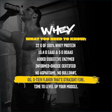 Man drinking a whey protein shake with promotional text about the product's features.