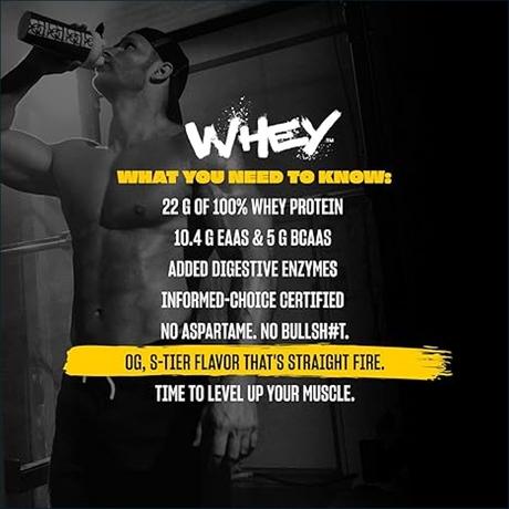 Man drinking a whey protein shake with promotional text about the product's features.