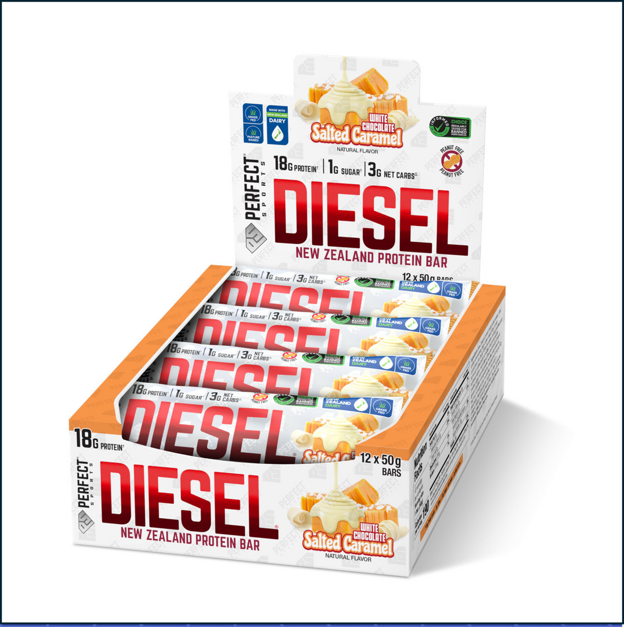 Perfect Sports Diesel 100% New Zealand Whey Protein Bars, Box of 12