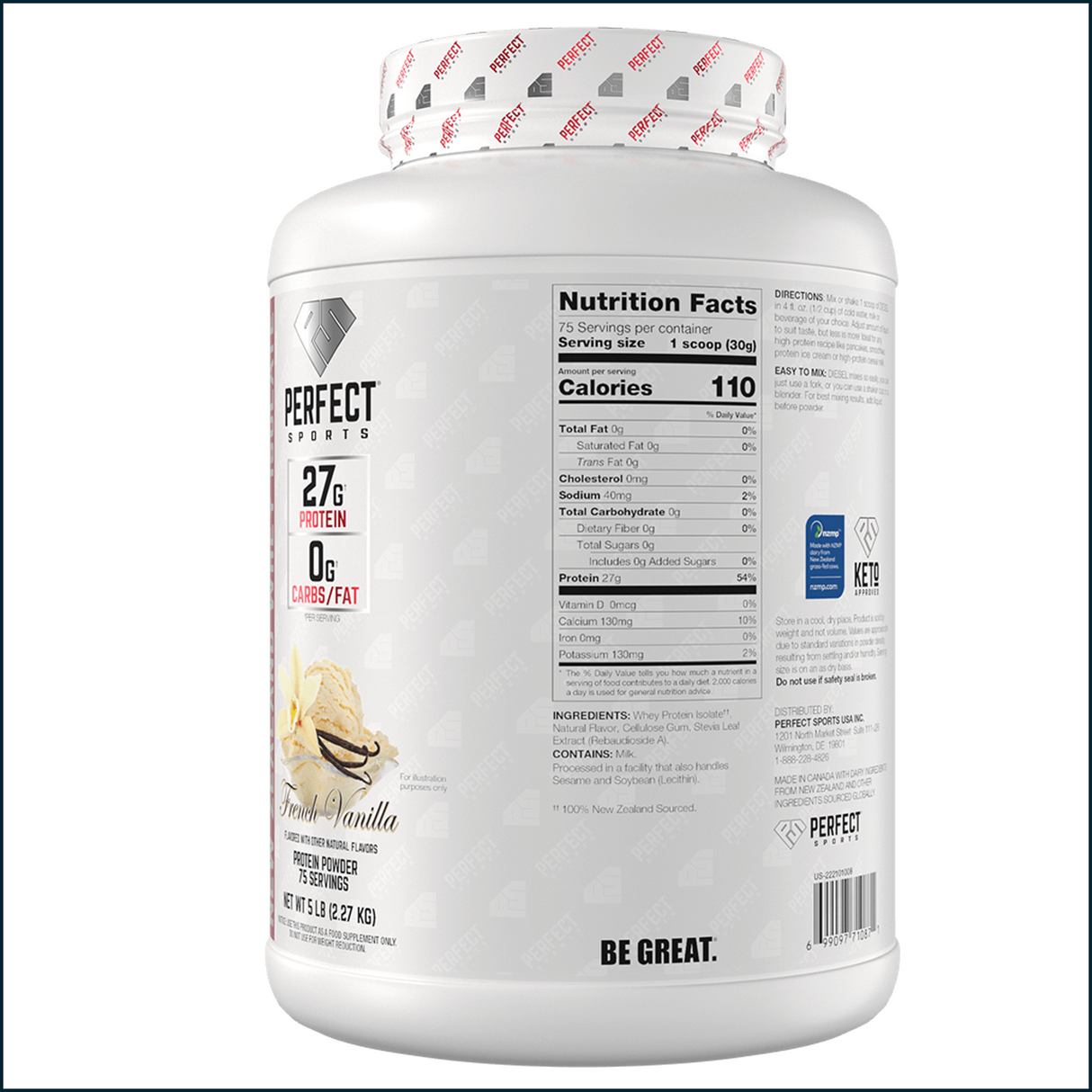 Perfect Sports Diesel 100% New Zealand Whey Protein Isolate, 5lbs - 75 Servings