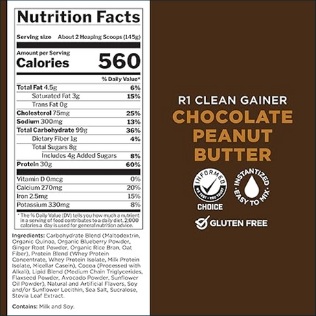 Rule 1 Clean Gainer 5lbs nutrition label showing calories, protein, and carbs