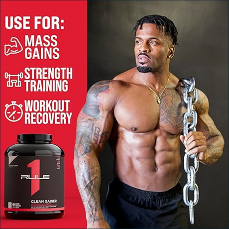 Athlete holding Rule 1 Clean Gainer 5lbs protein jug for lean mass gain